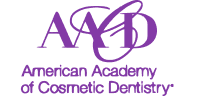 Purple text spelling out "American Academy of Cosmetic Dentistry"